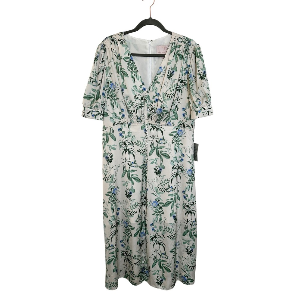 Gal Meets Glam Midi Dress Size 20 Ivory Blue Floral V-Neck‎ Puff Sleeve NEW
